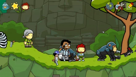 HD desktop wallpaper of Scribblenauts Unlimited featuring stylized characters on a whimsical outdoor adventure scene.