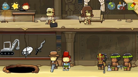 HD desktop wallpaper from Scribblenauts Unlimited featuring characters and items in a cartoon-style archaeological dig site.