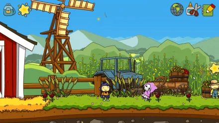 HD desktop wallpaper of Scribblenauts Unlimited featuring the game's cartoon-style farm scene with characters and objects.