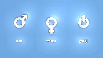 A minimalist HD desktop wallpaper featuring symbols for man, woman, and a geek icon on a soft blue background, highlighting themes of technology and geek culture.