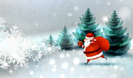 HD desktop wallpaper featuring Santa Claus carrying a sack and gift, walking through a snowy holiday scene with stylized evergreen trees and large snowflakes.