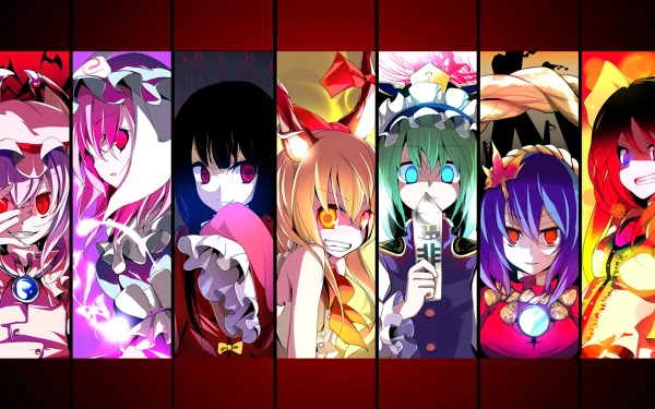 HD PC desktop wallpaper featuring vibrant anime portraits of Touhou characters including Utsuho Reiuji, Kaguya Houraisan, Shikieiki Yamaxanadu, Kanako Yasaka, Patchouli Knowledge, Remilia Scarlet, and Flandre Scarlet.