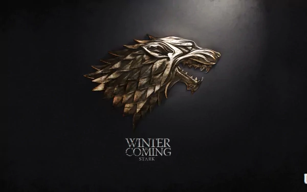 HD desktop wallpaper of the Stark sigil from Game of Thrones. Features the direwolf emblem with the phrase Winter is Coming on a dark background.
