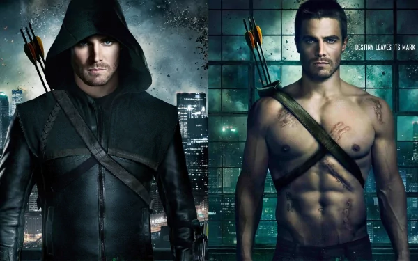 HD desktop wallpaper featuring Stephen Amell as Oliver Queen, also known as Green Arrow, from the TV show Arrow in two poses: one in costume with a hood, and another shirtless with arrows on his back.