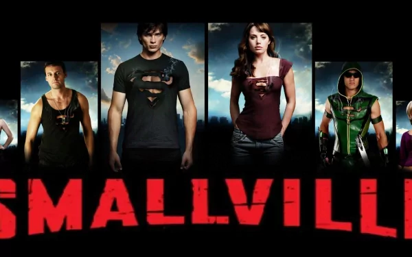 A vibrant HD wallpaper featuring characters from Smallville, including Clark Kent, Lois Lane, Chloe Sullivan, Oliver Queen, and General Zod, set against a dynamic background.
