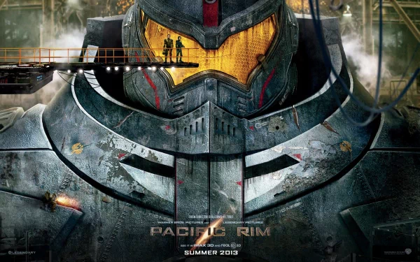 HD wallpaper for the movie Pacific Rim featuring a close-up of a giant robot (Jaeger) with two figures standing on a platform above its head, with the title and release date at the bottom.