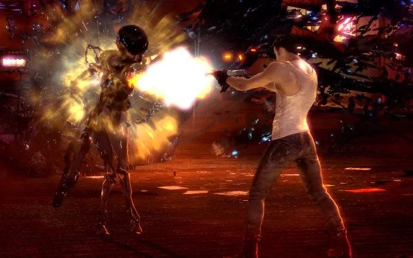 HD desktop wallpaper from DmC: Devil May Cry with a character firing at an enemy amidst an explosive battle.