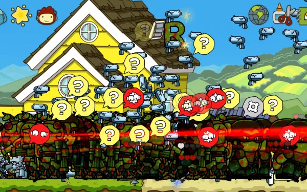 HD desktop wallpaper featuring vibrant Scribblenauts Unlimited game art with character and item icons on a colorful backdrop.