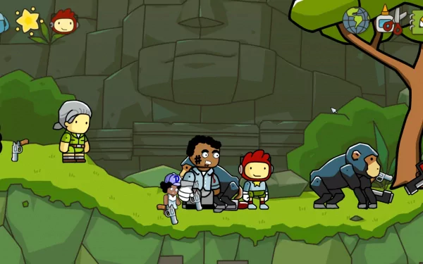 HD desktop wallpaper of Scribblenauts Unlimited featuring stylized characters on a whimsical outdoor adventure scene.
