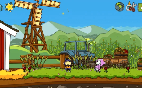 HD desktop wallpaper of Scribblenauts Unlimited featuring the game's cartoon-style farm scene with characters and objects.