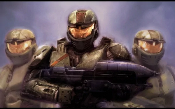 HD PC desktop wallpaper featuring armored soldiers from the video game Halo Wars, set against a smoky, battle-ready background.