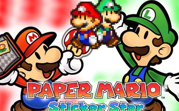 HD desktop wallpaper featuring Mario and Luigi from Paper Mario: Sticker Star with the game's logo on a vibrant background.