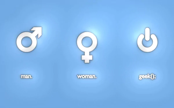 A minimalist HD desktop wallpaper featuring symbols for man, woman, and a geek icon on a soft blue background, highlighting themes of technology and geek culture.