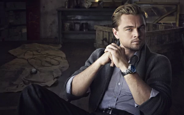 A stylish HD desktop wallpaper featuring Leonardo DiCaprio, exuding a thoughtful demeanor as he poses in an artistic setting, highlighting his charismatic presence.