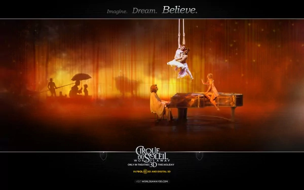 Cinematic HD desktop wallpaper for Cirque du Soleil: Worlds Away — aerialist above a pianist on a glowing stage with silhouetted figures in an orange, rainy scene (names omitted).