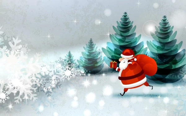 HD desktop wallpaper featuring Santa Claus carrying a sack and gift, walking through a snowy holiday scene with stylized evergreen trees and large snowflakes.