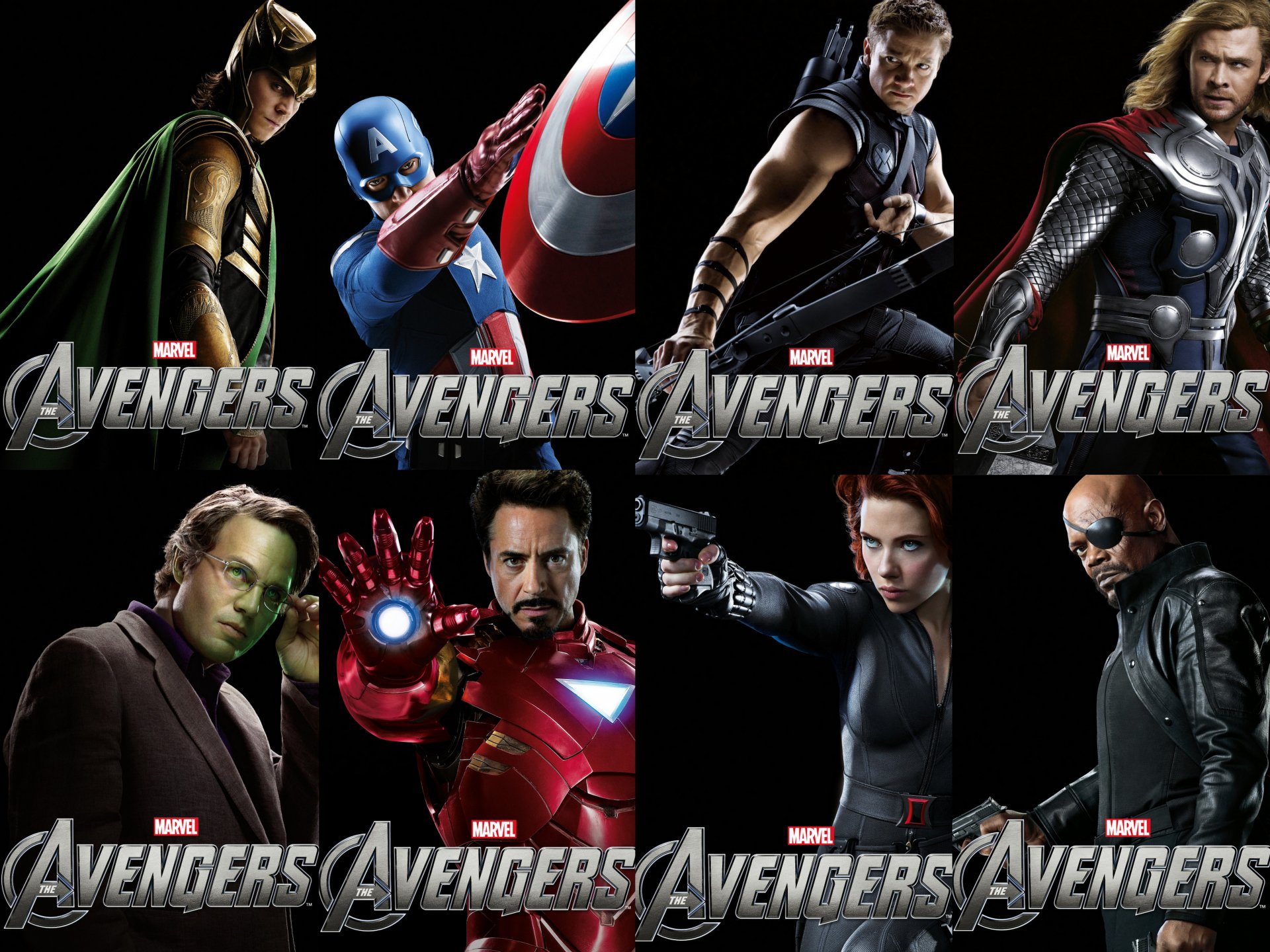4K Ultra HD Avengers wallpaper featuring Marvel's Loki, Captain America, Hawkeye, Thor, Bruce Banner, Iron Man, Black Widow, and Nick Fury from the Marvel Cinematic Universe.