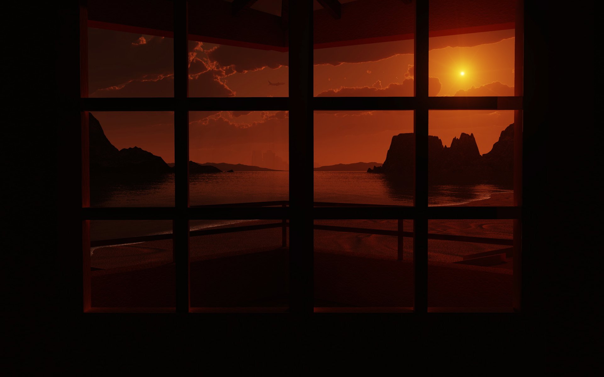 A stunning artistic landscape featuring a sunset view through a window, highlighting rocky cliffs and a serene ocean. This HD image serves as an impressive desktop wallpaper.