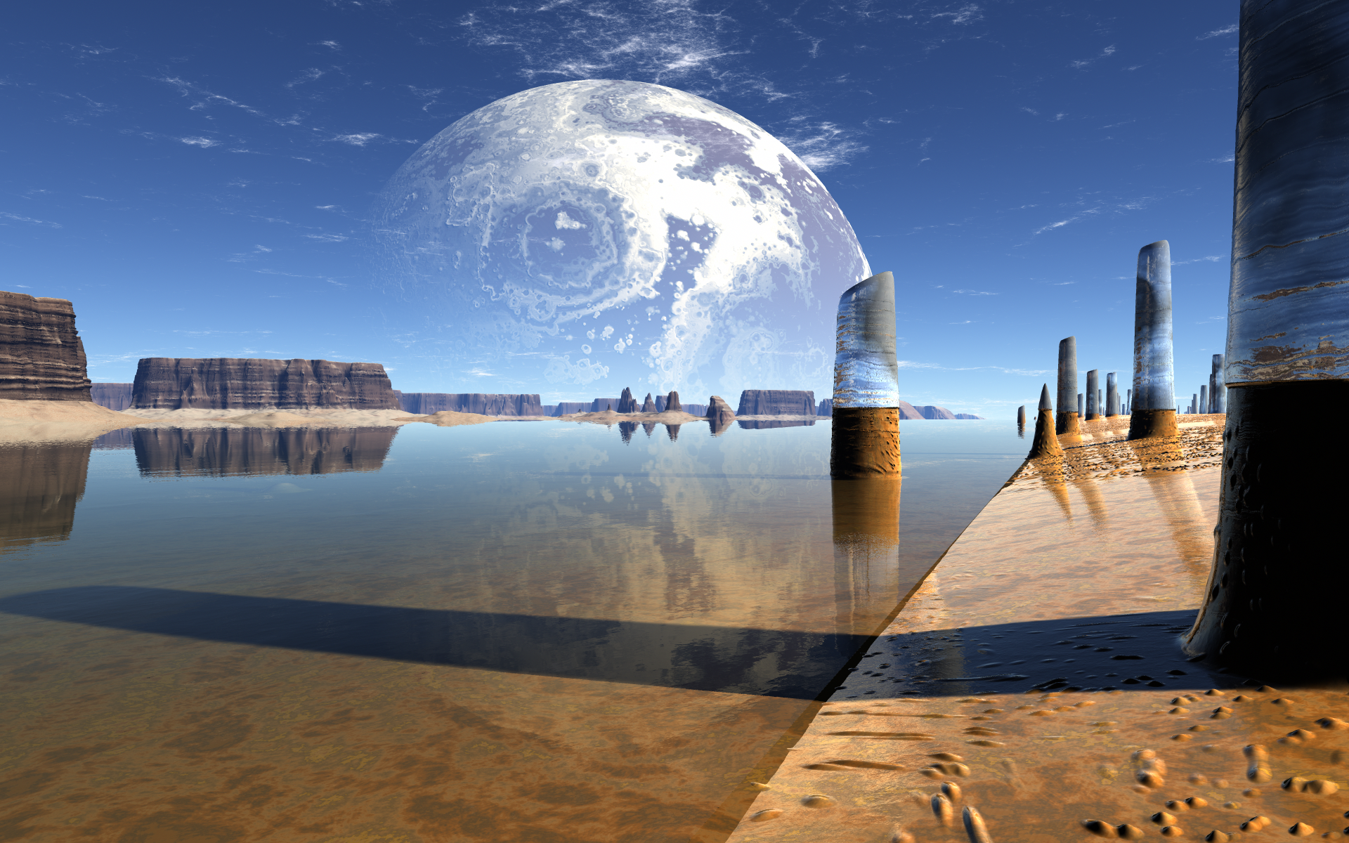 Artistic landscape HD PC desktop wallpaper and background: surreal shoreline with reflective shallow water, weathered pillars, distant mesas and a gigantic moon above.