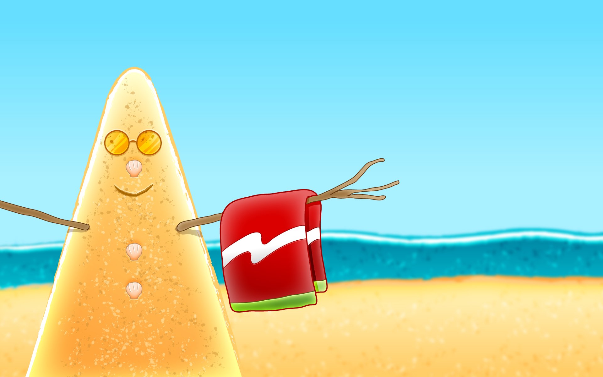 Artistic vector HD desktop wallpaper featuring a cheerful sand character wearing sunglasses and holding a towel on a sunny beach background.