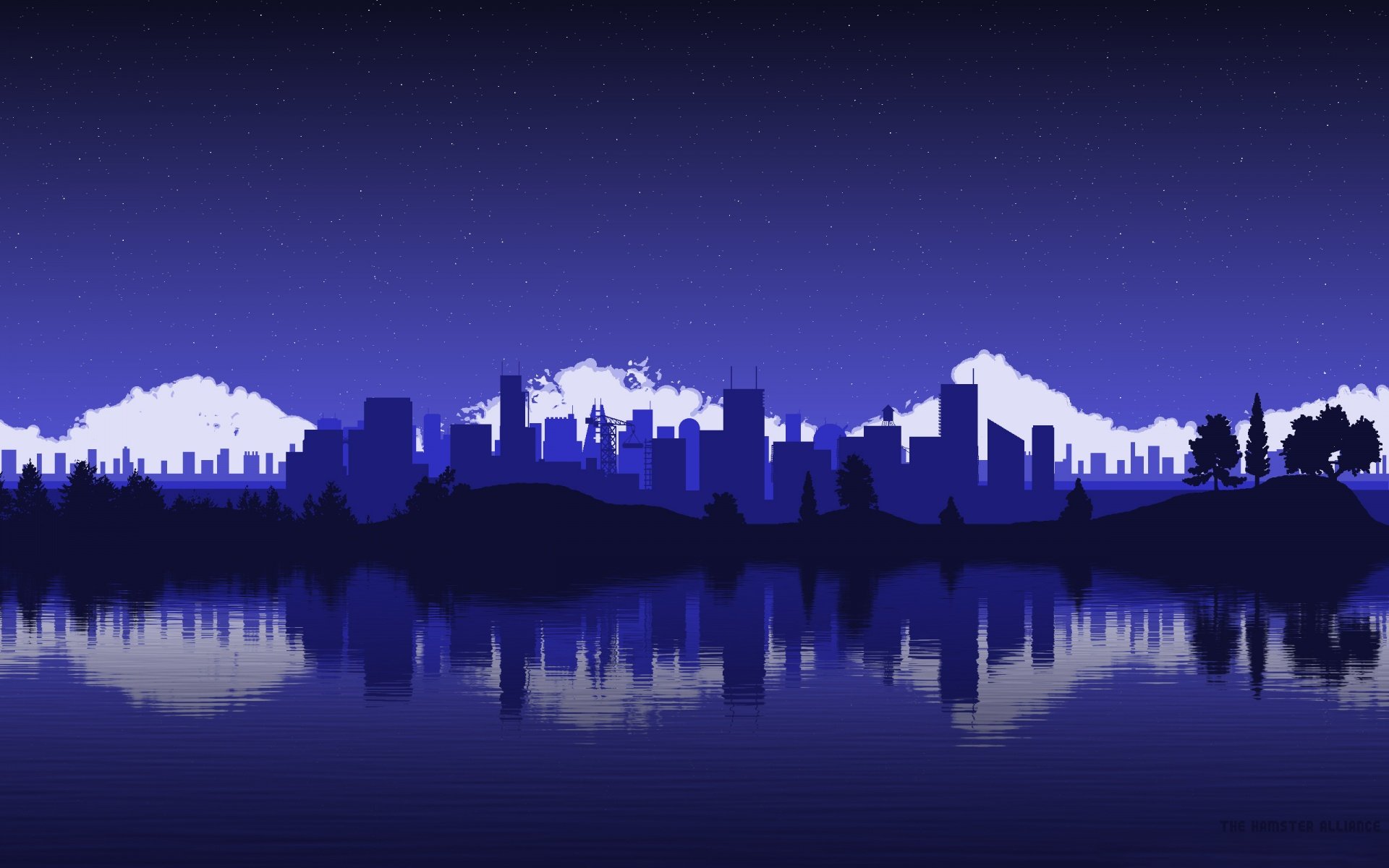 Minimalist artistic vector of a city skyline at night reflected on water, designed as an HD PC desktop wallpaper and background.