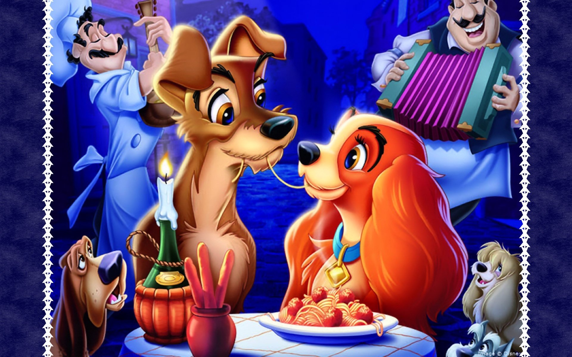 HD desktop wallpaper featuring Lady, Tramp, Trusty, Jock, and Peg from Disney's 1955 movie Lady and the Tramp, set in a charming romantic dinner scene.