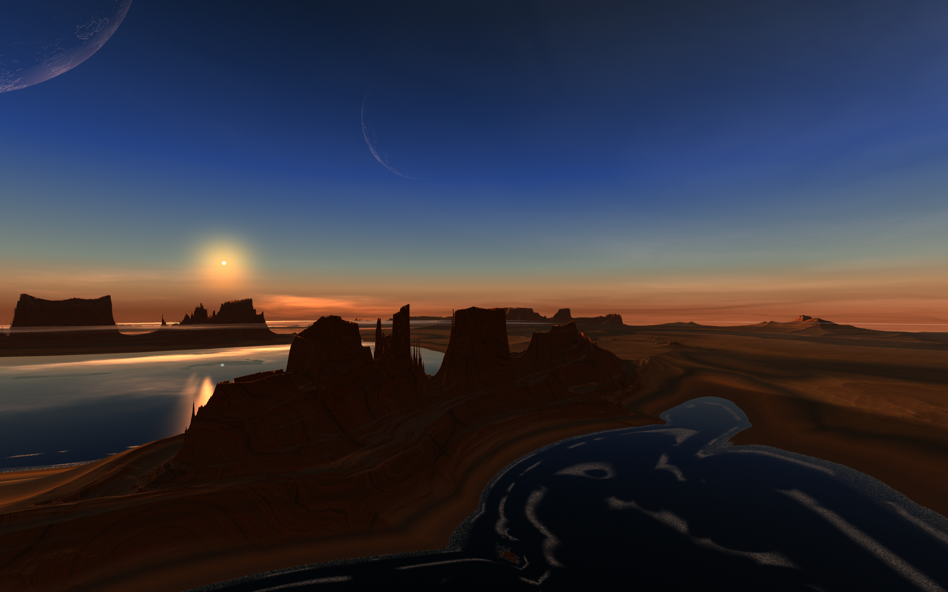 Artistic landscape — HD PC Desktop Wallpaper and Background: otherworldly desert with mesas, reflective pools, twin moons and a vivid sunset over an alien horizon.