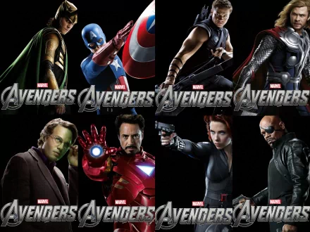 4K Ultra HD Avengers wallpaper featuring Marvel's Loki, Captain America, Hawkeye, Thor, Bruce Banner, Iron Man, Black Widow, and Nick Fury from the Marvel Cinematic Universe.