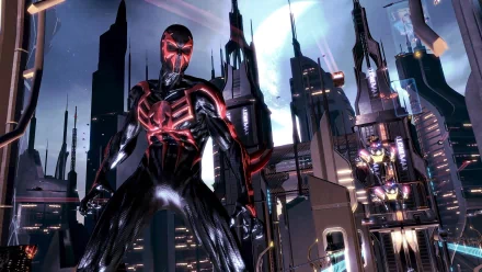 HD wallpaper of Spider-Man 2099 from Spider-Man: Shattered Dimensions game, poised atop a futuristic cityscape.