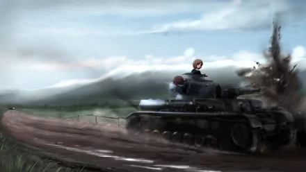 An HD wallpaper featuring characters from Girls und Panzer aboard a tank, kicking up dirt against a scenic backdrop of mountains and clouds.