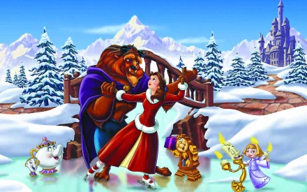 HD PC desktop wallpaper featuring a snowy scene from the 1991 movie Beauty and the Beast, showing Belle and the Beast dancing with enchanted household characters nearby.