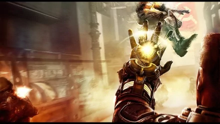 First-person action from the video game Singularity: a gauntleted hand emits a glowing energy field that repels a flying enemy in a ruined corridor — HD PC desktop wallpaper and background.