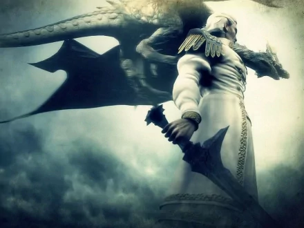 HD PC desktop wallpaper from the video game Demon's Souls, featuring a dark, ominous figure holding a sword with a dragon silhouette in the foggy background.
