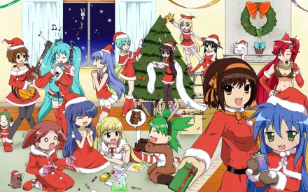 HD anime Christmas desktop wallpaper featuring characters from Oreimo, Vocaloid, Lucky Star, and Melancholy of Haruhi Suzumiya celebrating in festive attire.