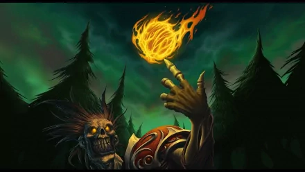 HD PC desktop wallpaper featuring a fiery undead character from the World of Warcraft: Trading Card Game set against a dark, forested background.