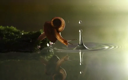 HD PC desktop wallpaper of a snail reaching out toward a water droplet splash on a reflective surface, set against a softly lit, blurred background.