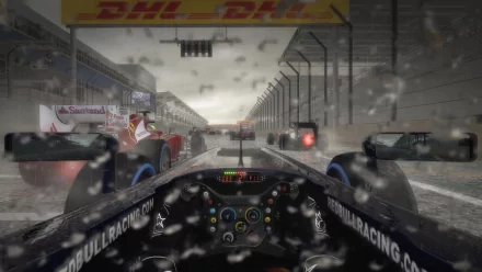 HD desktop wallpaper of the F1 2012 season depicting a first-person view from inside a Formula 1 cockpit, with the track ahead and falling rain.