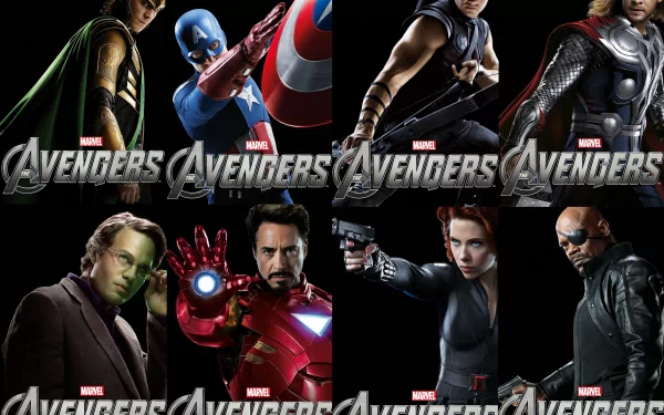 4K Ultra HD Avengers wallpaper featuring Marvel's Loki, Captain America, Hawkeye, Thor, Bruce Banner, Iron Man, Black Widow, and Nick Fury from the Marvel Cinematic Universe.