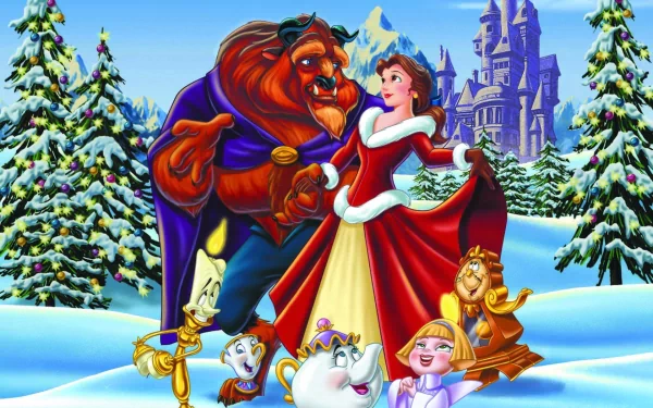 A festive scene from the movie Beauty and the Beast (1991), featuring the Beast and Belle in winter attire, surrounded by beloved characters against a snowy backdrop and a castle.