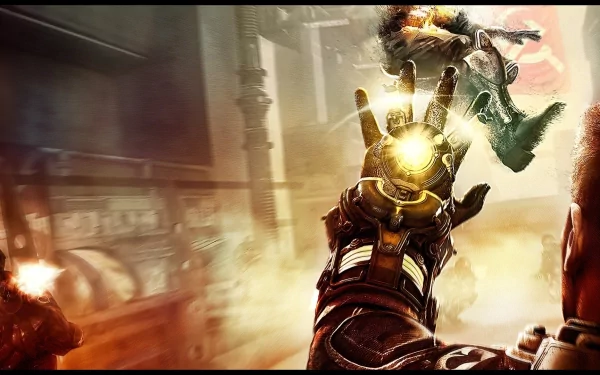 First-person action from the video game Singularity: a gauntleted hand emits a glowing energy field that repels a flying enemy in a ruined corridor — HD PC desktop wallpaper and background.