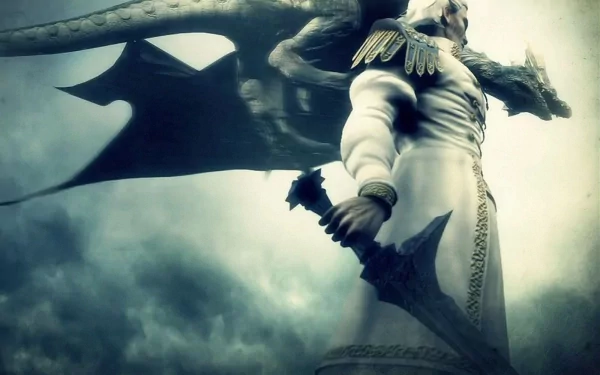 HD PC desktop wallpaper from the video game Demon's Souls, featuring a dark, ominous figure holding a sword with a dragon silhouette in the foggy background.