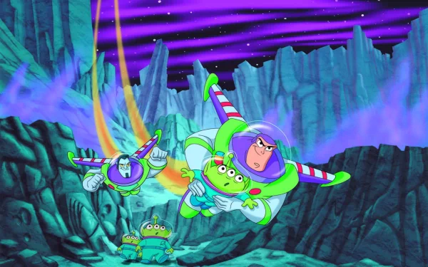 HD desktop wallpaper featuring Buzz Lightyear and fellow characters from the TV show Buzz Lightyear of Star Command in an alien, mountainous landscape under a starry sky.