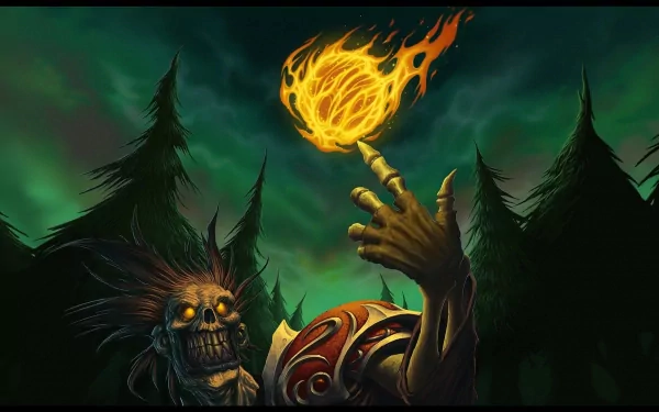 HD PC desktop wallpaper featuring a fiery undead character from the World of Warcraft: Trading Card Game set against a dark, forested background.