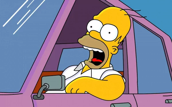 Homer Simpson from The Simpsons animated TV show leaning out of a purple car window, featured as an HD PC desktop wallpaper and background.
