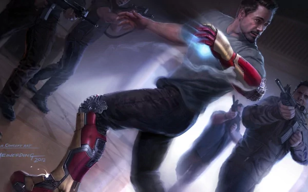Dynamic concept art of Tony Stark as Iron Man from Iron Man 3, featuring an action-packed scene with Stark ready for battle against several armed foes. HD desktop wallpaper.