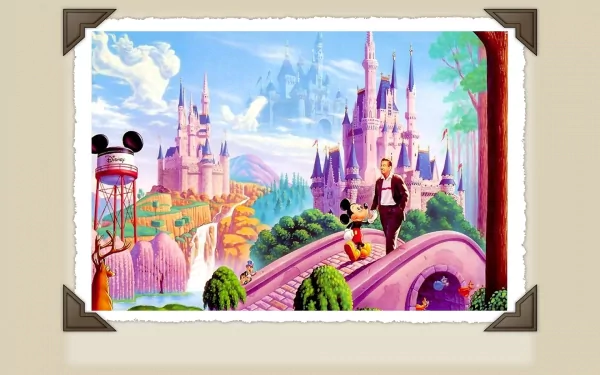 A vibrant Disney-themed HD wallpaper featuring a picturesque landscape with castles, lush greenery, and iconic characters, creating a magical atmosphere.