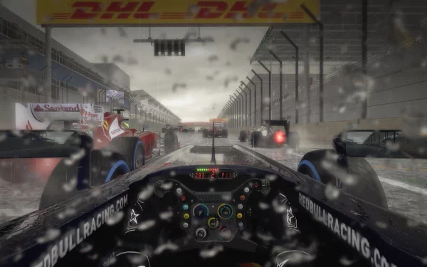 HD desktop wallpaper of the F1 2012 season depicting a first-person view from inside a Formula 1 cockpit, with the track ahead and falling rain.
