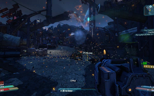 HD desktop wallpaper of Borderlands 2 featuring a first-person view of an explosive shootout in a dystopian setting.
