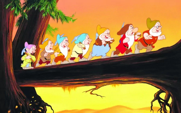 Colorful HD wallpaper featuring the seven dwarfs from the movie Snow White, joyfully walking along a tree trunk against a warm sunset background.