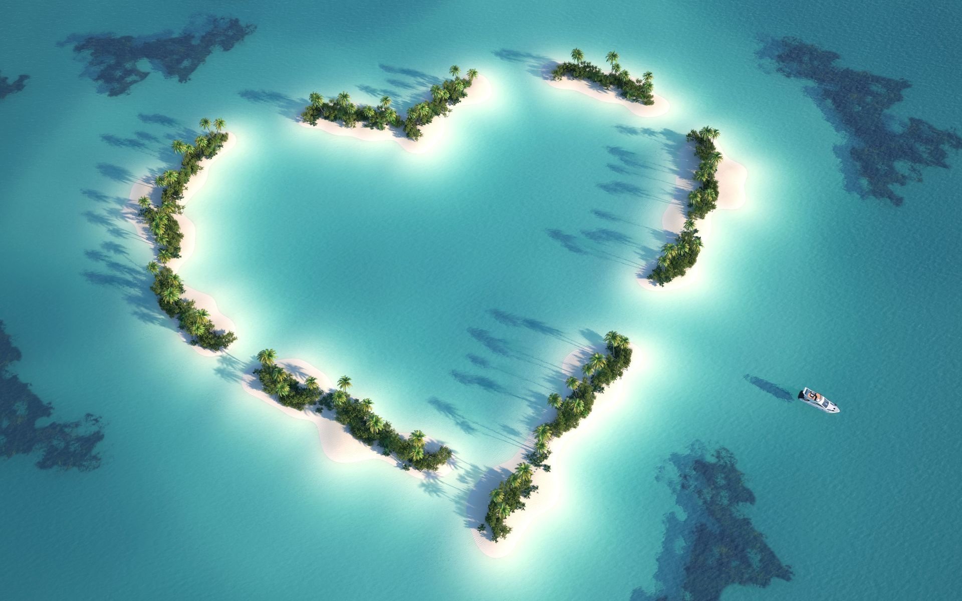 A scenic HD wallpaper featuring a heart-shaped cluster of islands surrounded by turquoise water, symbolizing love in a tranquil, artistic setting.